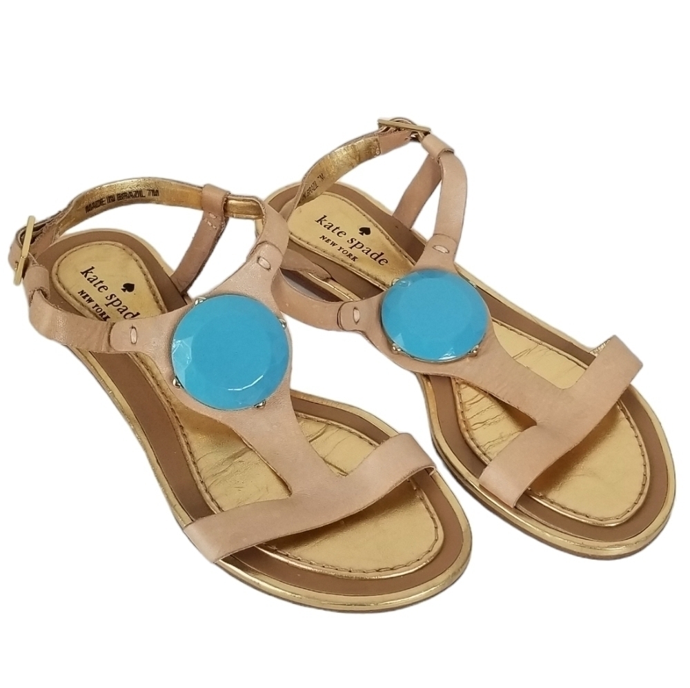 Kate Spade Beige Strappy Flat Sandals with Turquoise Stone Detail Size 7